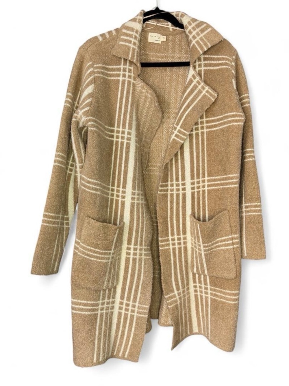 Open-Front Plaid Long Cardigan Sweater - Camel/Cream